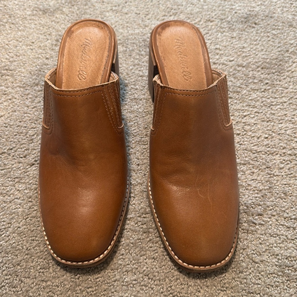 Madewell The Carey Square Toe Heeled Mule in Cognac Leather Size 9
